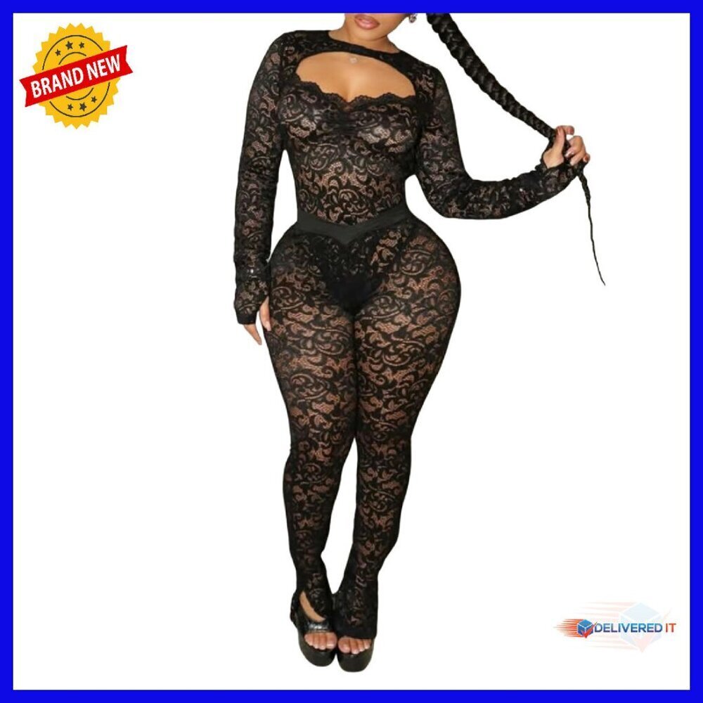 Sexy Lace Jumpsuit Halter Backless See Through Bodysuit Flare Pants Set